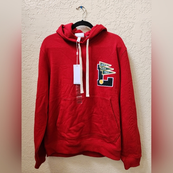 LACOSTE MEN'S HOODED COTTON FLEECE PENNANTS L BADGE - COLOR RED - Picture 1 of 9